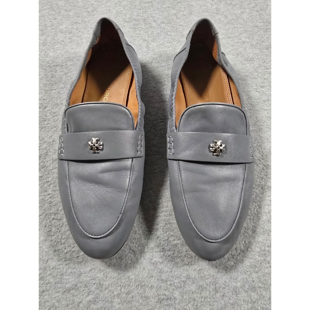 Tory Burch Jessa Grey Leather Driving Loafers Silver Horsehead Hardware Flats 9M